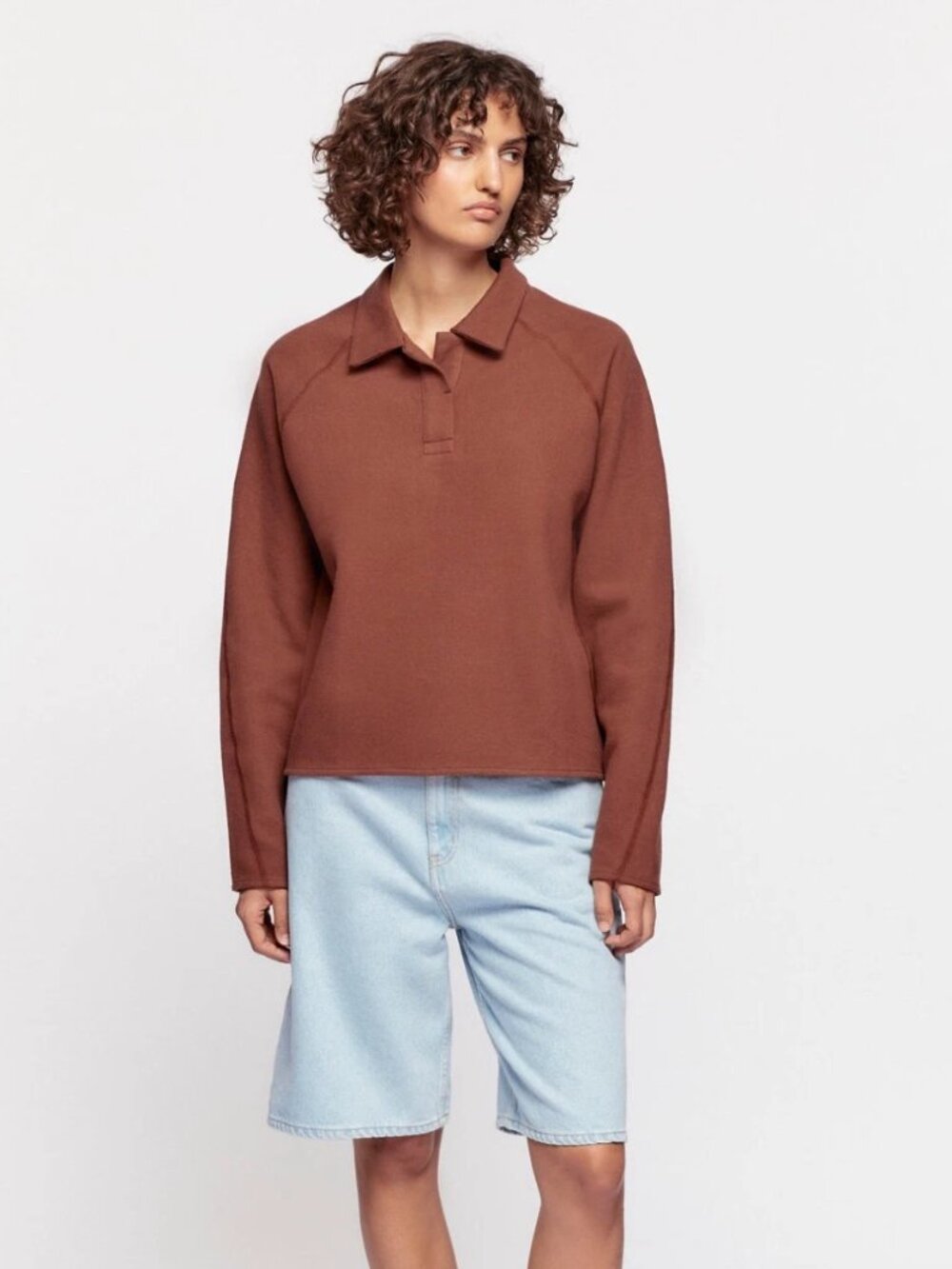 KOTN Brown 100% Cotton Long Sleeve Cozy Polo, Size S